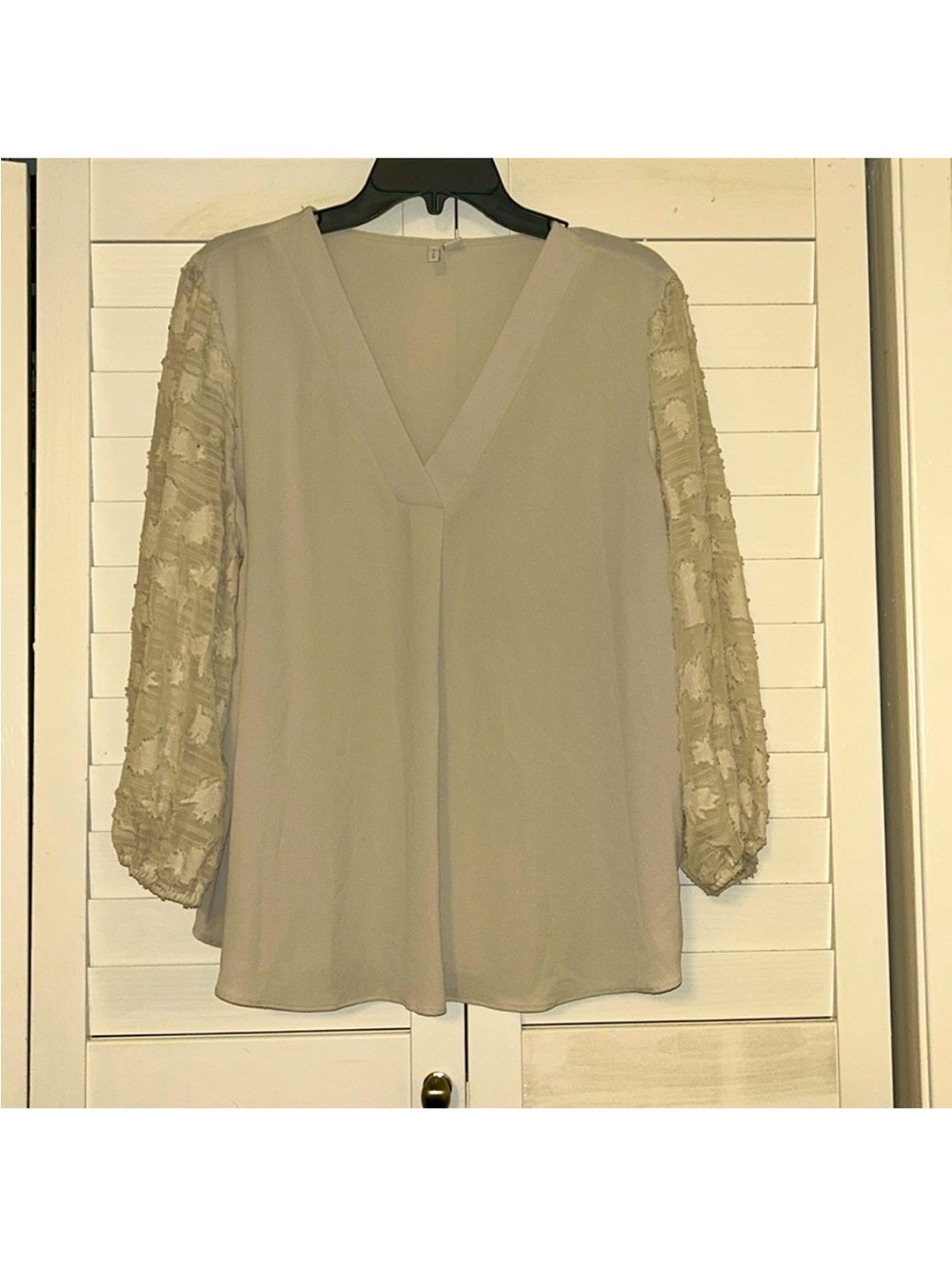Cato Cream V-Neck Blouse with Textured Sheer Balloon Sleeves